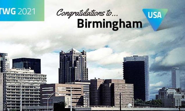 Promotional image for the World Games with a picture of downtown Birmingham