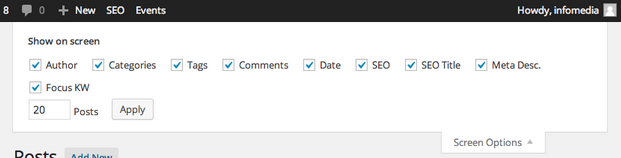 Settings on the admin page of WordPress