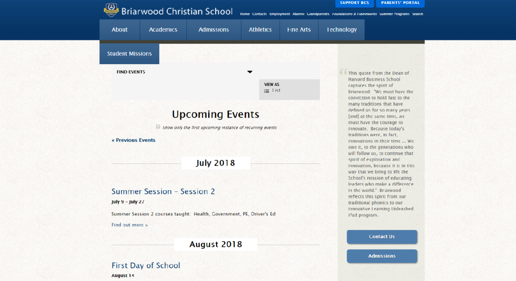 screenshot of briarwood christian school's events page