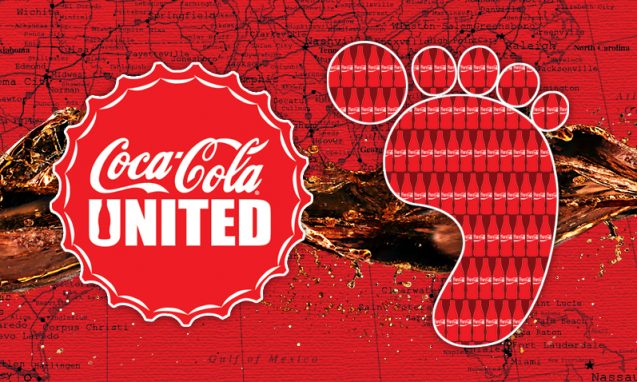 Coca-Cola logo with a graphic of a footprint to the right of it on top of a map of the United States