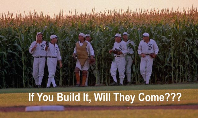 An image from the movie "Field of Dreams" of baseball players coming out of a field of crops
