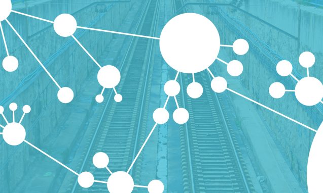 White circles linked together with a background image of railways.