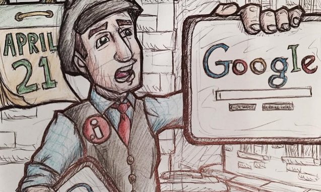 Drawing of a man holding up a screen that displays the google search page
