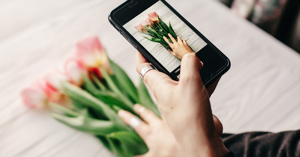 Woman taking a photo of flowers with her phone