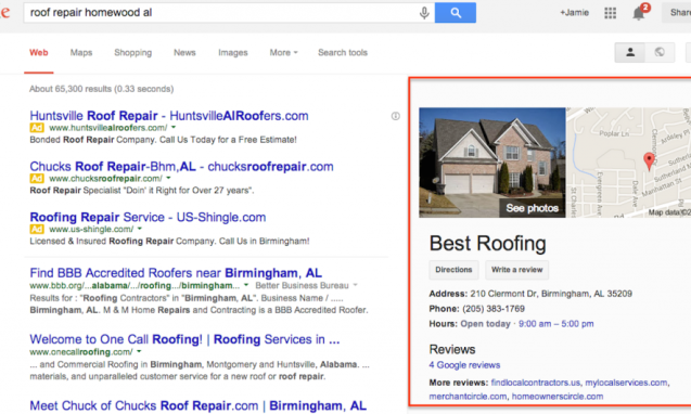A search page for "roof repair homewood al"