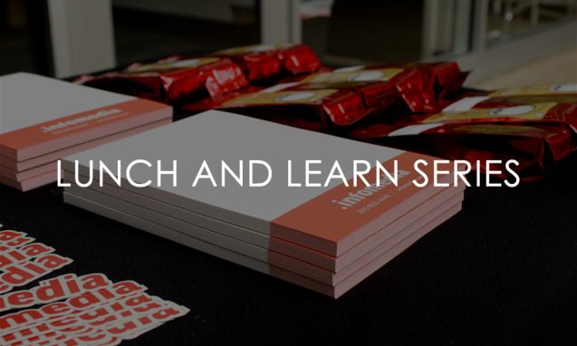 The text "Lunch and Learn Series" with a background image of Infomedia books on a table