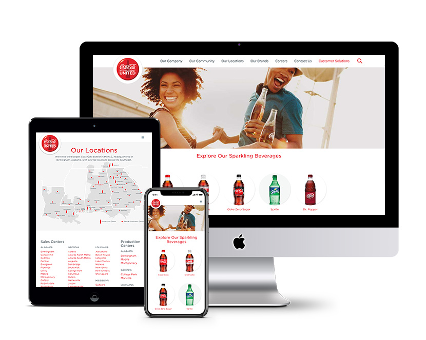 Coca Cola UNITED's website displayed on a computer, tablet and phone