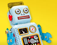 A robot with a yellow background