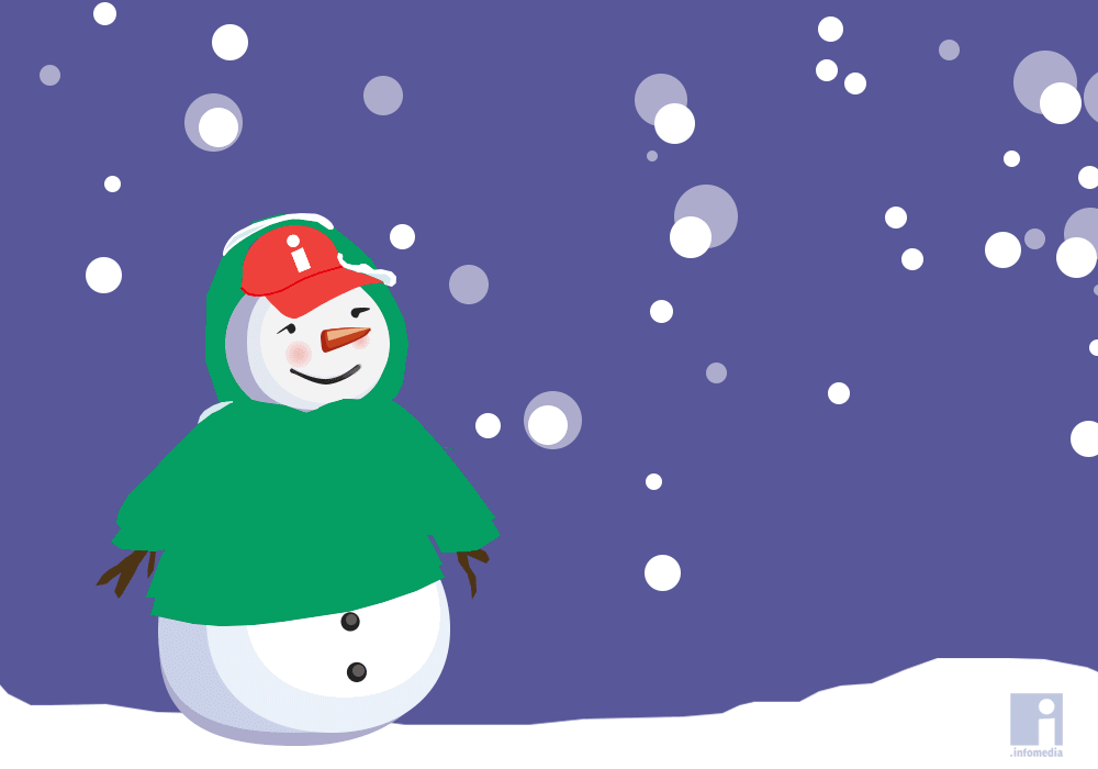 Snowman with a coat on sitting in the snow with an elf