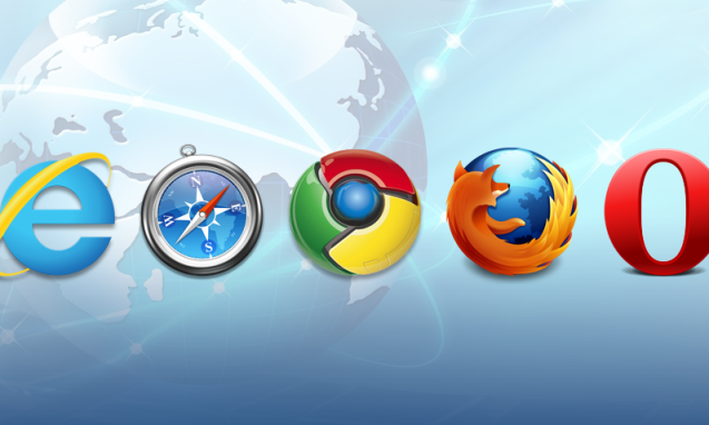 The logos for internet explorer, safari, chrome, firefox, and the Opera in front of a graphic of Earth