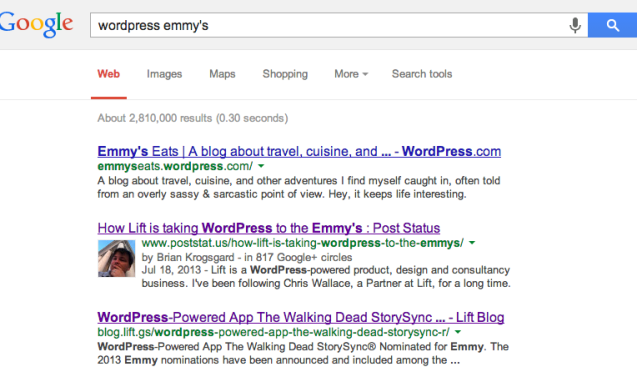 The google search page of wordpress emmy's